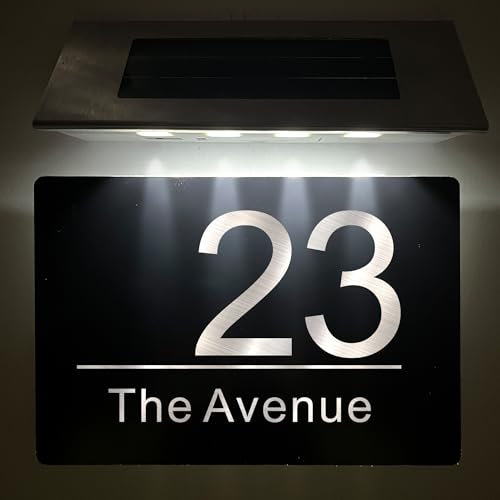 House Numbers Plaques with Solar Light Solar House Number Name Plaques for Outside House Sign Door Number Plaque for Wall 195mm X 130mm (Design 1)