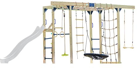 AXI Boris Juego de Escalada para ninos de Madera Marron con tobogan Blanco | Estructura para trepar Equipada para ninos con Diferentes Columpios, Trapecio, Redes para trepar y Barras de Mono.