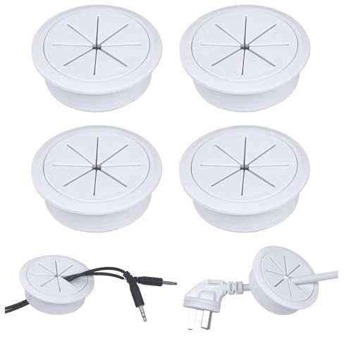 4 Pièces Cache Câble Bureau en Plastique,60 mm Passe-Câble Bureau Blanc Ronde,Cache Cable Blanc pour Bureaux,Tables,Ordinateur,Postes de Travail,Organiseur de Fil