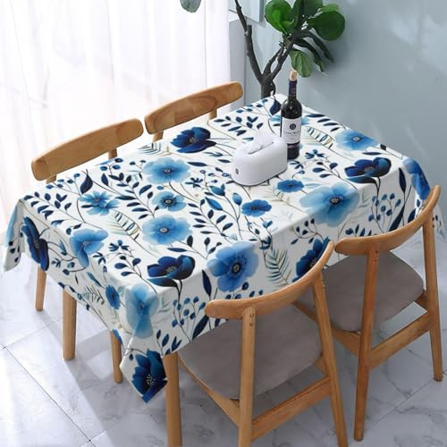 Blue White Floral Rectangle Tablecloth 54 x 72, Polyester Waterproof Reusable Table Covers, Cute Blue Watercolor Flowers Table Cloths for Dining Room Kitchen Garden Party Picnic Indoor Outdoor Decor