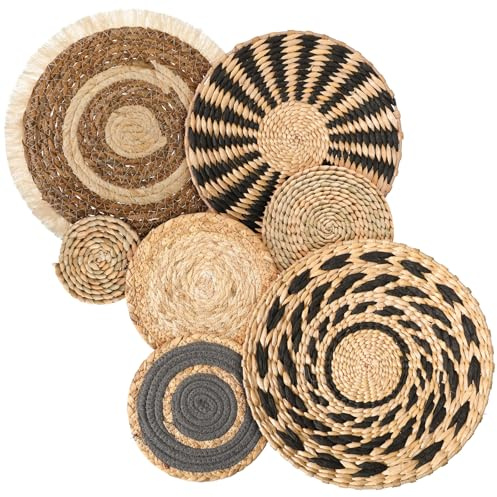 7 Pcs Boho Wall Basket Decor Decorative Hanging Woven Wall Basket Decor Round Farmhouse Hanging Baskets Handmade Woven Baskets Walls Decorative for Kitchen Rustic Home Summer Decorations