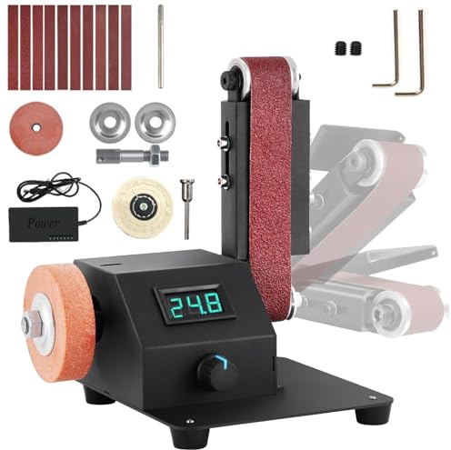 Levigatrice a Nastro Elettrica, 350W Affilacoltelli Elettrico con Modalità di Velocità Variabile e Display a LED, Smerigliatrice da Banco Ad Angolo Regolabile per Levigare Metallo, Alluminio, Legno