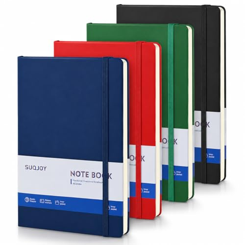 SUQJOY 4 Pack A5 Notebook Set, Assorted Colour Hardback Lined Notebooks, 100gsm Ruled Paper, 160 Pages Each, Elastic Closure, 140 x 210 mm, Journals for Work, Office, Study and Project Planning