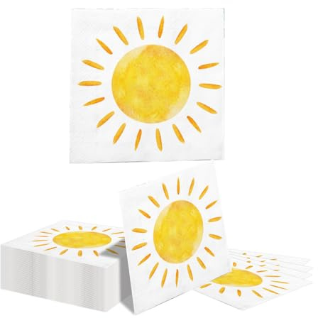 Kotkiddy 40 Pièces Serviettes en Papier Soleil Jetables 33x33 cm Décoration d'anniversaire Sunshine Serviettes De Fête Solaire Ensemble De Dîner Cocktail Vaisselle pour F