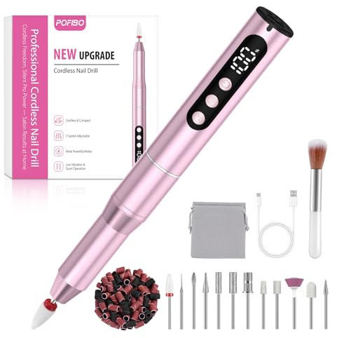 POFIBO Fresa per Unghie Professionale – 12 in 1 Trapano Unghie Elettrico 35000 RPM con Display LCD, 5 Velocità Regolabili, Per Unghie in Gel e Acrilico, Manicure e Pedicure a Casa o Salone (Rosa)