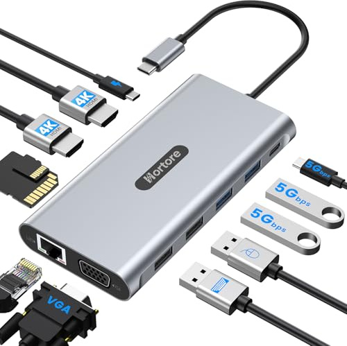 USB C Docking Station, 12-in-1 USB C Hub Dual Monitor with 2 HDMI, VGA, RJ45, 100W PD, USB-C Data, 2 USB 3.0, 2 USB 2.0, SD/TF Card Reader, for MacBook/Dell/HP/Lenovo
