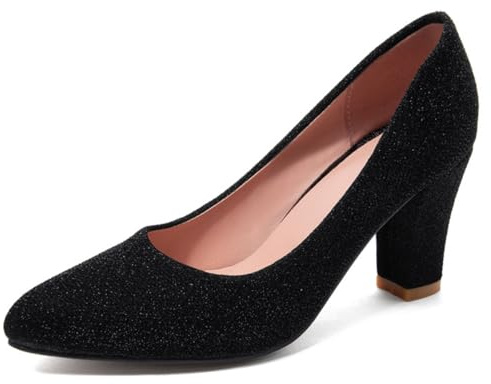 Escarpins Femme à Talon Bloc Scintillants Bout Pointu Slip-on Talon Haut avec Finition pailletée pour Cocktail et soirées,Noir,47 EU