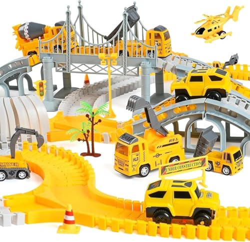 Weinsamkeit Circuit Voiture Flexible 326 Pièces, Piste de Course avec 2 Voitures Électriques + 7 Véhicules de Chantier, Circuit Jouet Enfant 3–10 Ans, Idée Cadeau