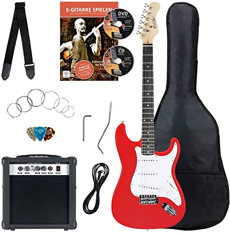 Rocktile Banger's Pack Komplettset E-Gitarre Rot (Verstärker, Tremolo, Tasche, Kabel, Gurt, Plecs, Ersatzsaiten und Schule mit CD/DVD)