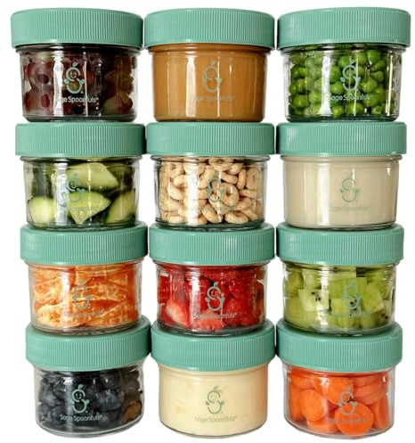 Sage Spoonfuls -12 Pack, 4 oz Baby Food Jars, Glass Baby Food Containers with Lids - Freezer Storage, Leakproof, Reusable Small Glass Baby Food Containers, Microwave & Dishwasher Friendly