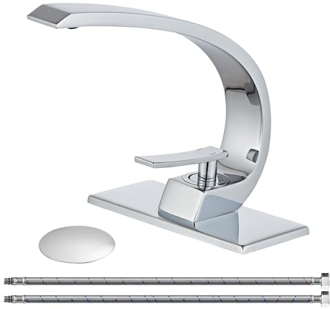 Wovier Chrom Waschbecken Wasserhahn,Einzigartiges Design Einhandgriff Einloch Messing Waschtischarmatur,Waschtischarmatur mit Versorgungsschlauch