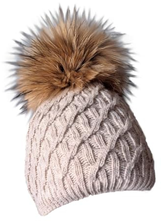 MERRYLAND Mütze Echtfellbommel Pudelmütze ECHTFELL Bommelmütze Hat Real Fur Pompom Beanie Fellbommel Echt Fell Strickmütze Bommel Pelzbommel Waschbär Raccoon Pelz