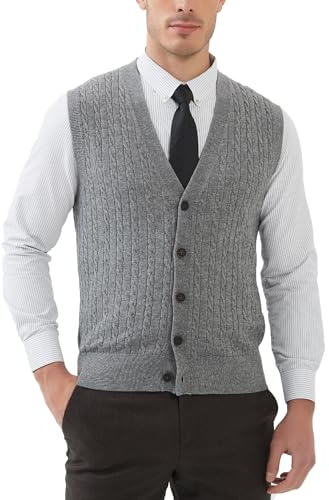 Kallspin Maglione Cardigan da Uomo con Scollo a V e Lavorazione a Cavo con Bottoni in Misto Lana（Grigio Chiaro，L）