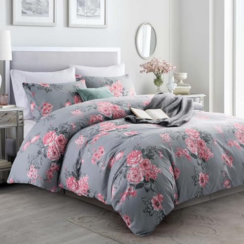 Imperial Rooms Double Duvet Set Soft Printed Bedding Set Brushed Microfiber Duvet Cover with Pillowcases (Grey Bouquet 200x200 CM)