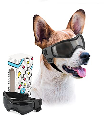 PETLESO Dog Goggles Small Breed, UV Protection Dog Sunglasses for Medium Dog Outdoor Riding Driving, Medium Black