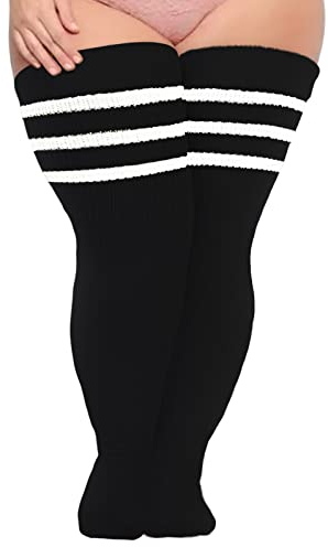 Moon Wood Damen Plus Size Extra Lange Socken Overknee Strümpfe Überknie Kniestrümpfe Thigh High Socks Soft Thermo Oberschenkelhohe Socken mit Garter Schwarz Weiß