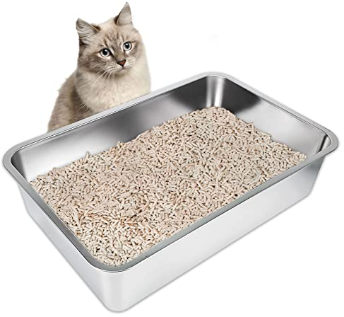 IKITCHEN Große Katzentoilette Edelstahl(60×40×15cm), Litter Box Katzenklo, Katzen und Kaninchen Metall klo, Niemals Gerüche, Fleckfrei, Rostfrei, Antihaft Glatte Oberfläche, Anti-Rutsch Gummiboden