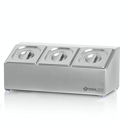 Mahlzeit Contenedor de Ingredientes con Tapa de Acero Inoxidable | 51 x 24,5 x 21,5 cm | 3 Recipientes GN 1/6 | Para Catering, Gastromía, Cocina, Estación de Pizza, Buffet, Barra de Ensaladas