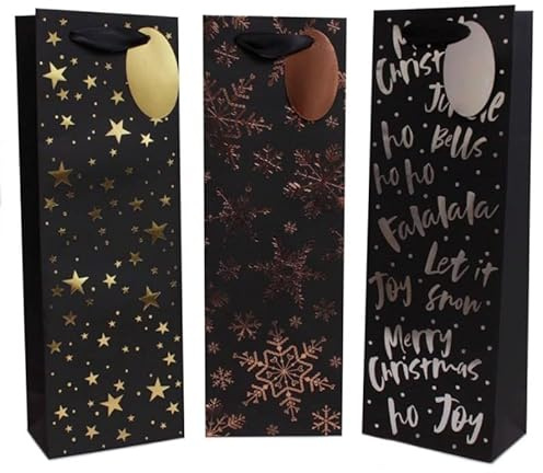 Tallon XB0085B Christmas Xmas Wine/Spirit Bottle Bags Black Foil Designs - Pack of 12