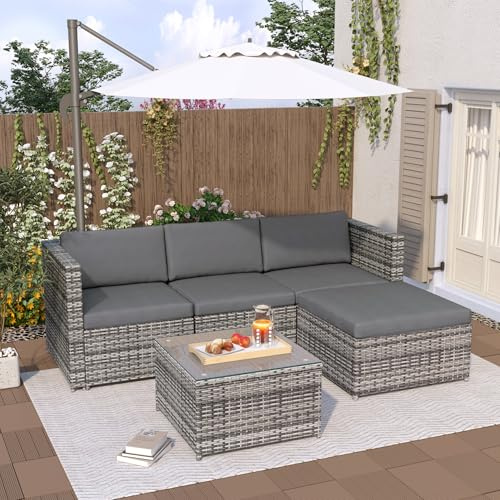 Merax Polyrattan Lounge, Gartenmöbel Set Balkonmöbel für 3-4 Personen, Gartenlounge, Sitzgruppe Outdoor mit Kissen und Glastisch, Terrassenmöbel, Ecksofa, für Garten Balkon und Terrasse, Grau