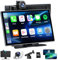 Portátil A-pple Carplay Inalámbrico Android Auto con Dash CAM Frontal y Trasera 4K+1080P, Pantalla Coche 9 Pulgadas con Pantalla Tactil, Radio Receptor con Mirror Link/Bluetooth/SIRI/Go0gle/FM/64G TF