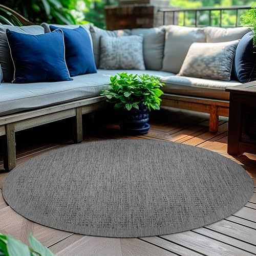 HomebyHome Outdoor-Teppich Flachgewebe Wetterfest Einfarbig Schwarz Küchenteppich, Balkon Terrassen Garten Wohnzimmer Teppich 120 cm Rund