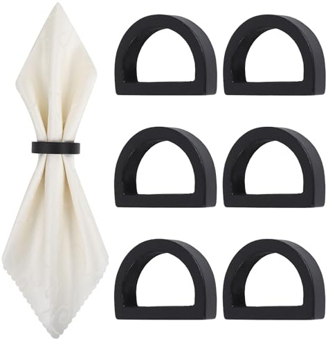 Yagoo Napkin Rings, Wooden Napkin Rings Set of 6, Handcrafted Wood Semicircle Napkin Holders for Table Decoration (Black)