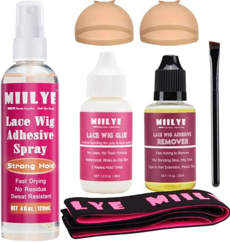 MIILYE Wig Glue Spray for Front Lace Wig Set |Wig Glue Spray, White Wig Glue and Wig Glue Remover with Melting Band| Lace Melting Spray for Wigs Melting Spray Lace Glue Kit Wig Install Kit