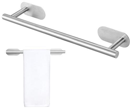 AIWMQYYF Self Adhesive Towel Rail, 40cm/15.7inches Stainless Steel Wall Mount Bathroom Towel Holder Tack, Stick on Towel Bar Bail Rack Bathroom or Kitchen Accessory, Silver