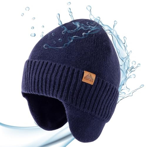 TOP-EX XL/XXL 80% Merino Beanie Herren Wolle wasserdichte Wintermütze mit Ohrenklappen Warme Strickmuetze mit Fleecefutter Outdoor Ski Großer Kopf Mütze Navy Blau