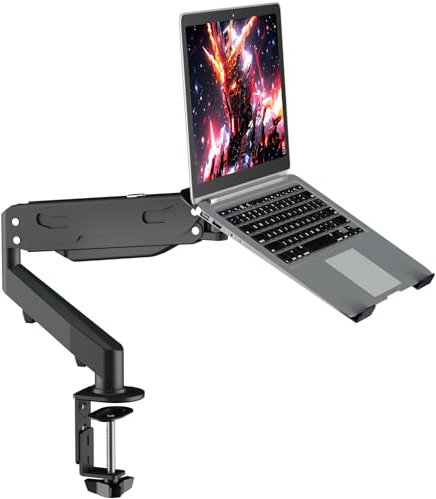 Pholiten Laptop Desk Mount with Gas Spring Arm, 2 in 1 Monitor Laptop Stand for 12-17 inch Notebook and 13-32 inch Computer Screen,Holds 22lbs. Full Motion Monitor Laptop Stand Mount with Vented Tray