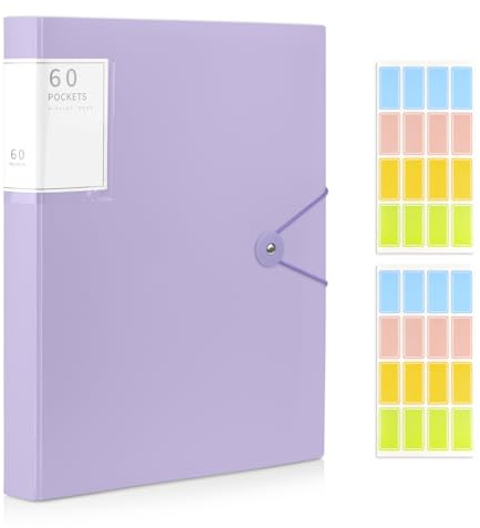 Shpucise A4 Display Folder, 60 Pockets Display Book Folders with Plastic Sleeves & Safety Rope, Presentation Folders for Documents, School, Office & Business Project Use (Light Purple)