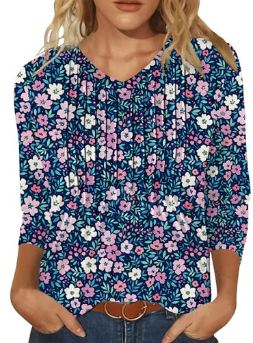 IEEILULU Blusas Mujer Verano, Camisa Mujer Manga 3/4 Cuello en V, Blusas Madam Verano Elegantes, Elegante Tops Casual Sueltas de Oficina (FR/ES, Letras, L, Regular, Regular, Morado con Estampado)