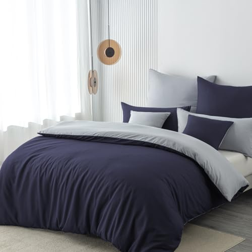 Nesture Parure de lit 200x220 3 pièces Bleu foncé/Gris Ensembles de linge de lit en microfibre Parure de lit réversible 200 x 220, doux et sans repassage 1 housse de couette + 2 taies d'oreiller