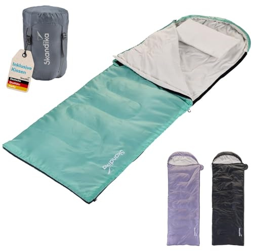 Skandika Deckenschlafsack Skye | Schlafsack 3 Jahreszeiten, mit Kissen, koppelbar, 220 x 75 cm, 250g/m² Mikrofaserfüllung, Innentasche, waschbar | Schlafsäcke Outdoor (Eisblau | RV rechts)