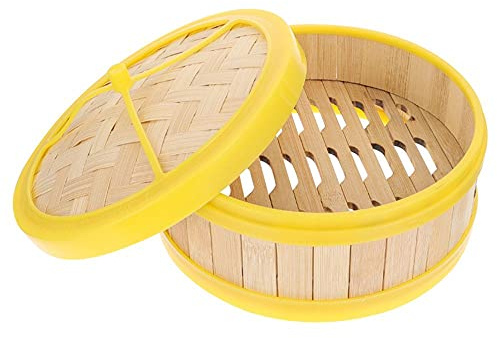 Cuiseur vapeur en bambou avec couvercle, cuiseur vapeur pour raviolis de riz, panier vapeur naturel pour Dim Sum, légumes, viande et poisson (16,5 cm avec couvercle)