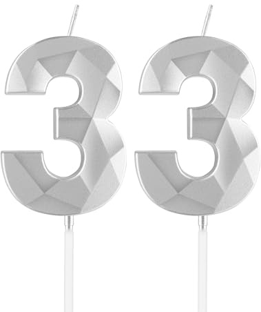 mciskin Silver 33th Birthday Candles, 33th Birthday Decorations for Women Men,3D Number 33 Candles for Cake,Silver Candle Cake Topper Decorations for Birthday Party Weddings Anniversary Supplies