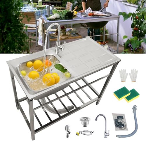 Lavabo Commercial De Cuisine Autoportant En 304 Acier Inox 1 Bac évier Extérieur Jardin Sur Pieds Évier Utilitaire Avec Robinet/établi Pour Restaurant/Sous-Sol/Bar/Hôtel Peu Encombrant(75x40xH75cm)