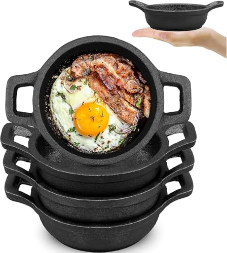 4er Set Mini Gusseisen Servierpfanne, 11 cm Kleine Gusseisen Pfannen mit Griff, Rund Preseasoned Grillpfännchen Auflaufform Gusseisenpfanne für Eier Gratin Tapas Curry Fleisch, Ofenfeste Pfanne