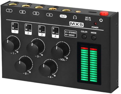 Suoumwa MX5 Ultra Low Noise 4-Channel Stereo Audio Mixer Mini Stereo or Mono 6.35/3.5 mm for Club/Studio Bar