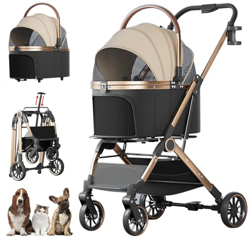 4 Wheels Pet Stroller for Small Medium Dogs Cats Up to 45 lbs Folding Dog Stroller with Detachable Breathable Carrier Suitable for Car Seat, Hand Carry & Travel, All Terrain, 3 in 1 Multifunctional