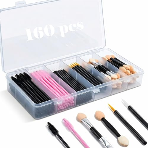 HEEFEN Set med 160 stycken sminkborstar – svarta och rosa ögonfransborstar, dubbelsidig ögonskuggsborste med aluminium, eyeliner pensel – ögonmakeup-tillbehör för proffs och nybörjare