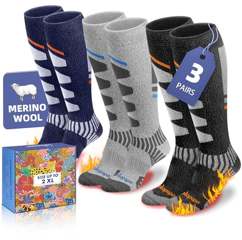 Lalapapa 3 Pairs Merino Wool Ski Socks for Women Men - Warm Thermal Padded Cushioned Knee High Socks for Winter Skiing Snowboarding, Black & Grey & Navy Blue, 2XL
