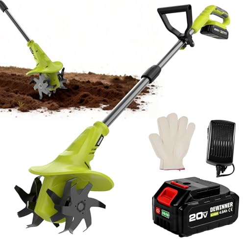 DEWINNER Motozappa a batteria da 20V, Motozappa elettrica con batterie da 4,0 Ah e caricabatterie, larghezza 22 cm, Zappatrice Elettrica per Orto e Giardino