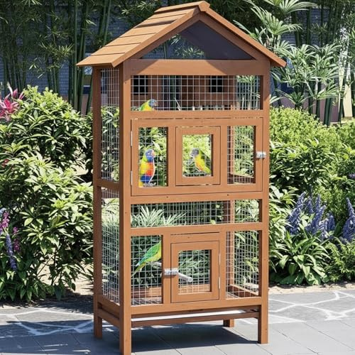 Large Wooden Aviary Style Bird Cage with Stand, Outdoor Solid Wood Flight Cage for Budgie, Cockatiel & Small Parrot, Double Doors, Removable Tray(Brown)