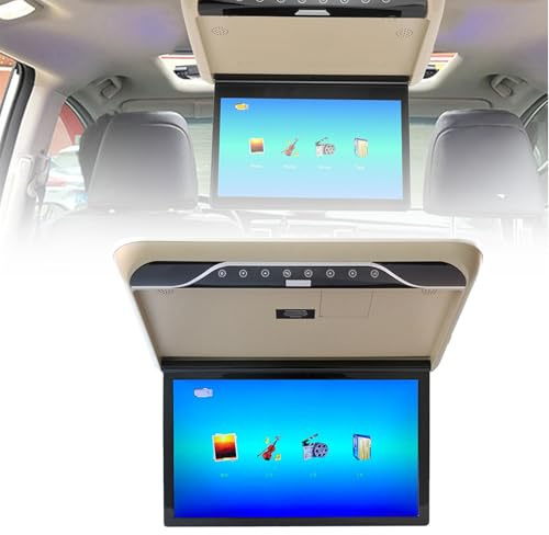 Monitor Da Tetto Per Auto Da 19 – Schermo IPS, Illuminazione Ambientale A Gradiente Regolabile A 16 Colori, Supporta Ingressi USB/TF/HDMI, Radio FM, | Monitor Con Lettore DVD,Beige