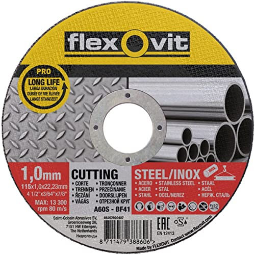 Flexovit 66252920407 Cutting Disc for Stainless acero-acero, to 60 s-bf41 Pro, 115 mm D X1.0 mm E X 22.2 mm AG