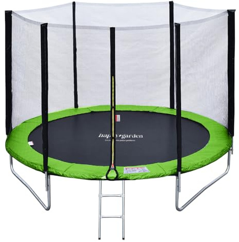 Happy Garden Pack Premium Cama elástica de jardín Redonda para niños 245cm Reversible Verde/Azul Canberra + Red, Escalera, Lona y Kit de Anclaje, fácil Montaje
