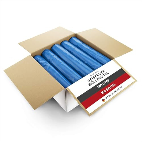 Glanzgenie 150 Stück reißfeste Müllsäcke 120 L, 79 μm | Typ 100 | extra stark & reißfest | 10 Rollen à 15 Stück| XXL Abfallbeutel - 700x1100mm | LPDE, blau | Müllentsorgung Haushalt, Garten, Gewerbe