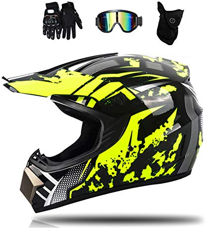MRDEAR Casco Cross Nero Giallo Casco da Motocross Set (Occhiali/ Guanti/ Mascherina/ 4 Pcs) Casco Integrale MTB Bambino Adulto per Motociclista Downhill Enduro Offroad Moto Scooter Sport,L